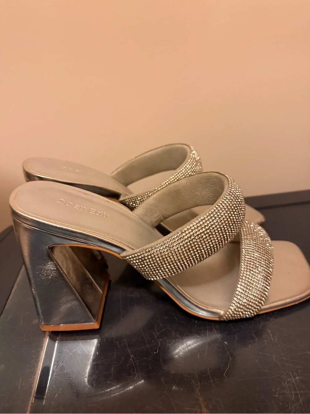 Crystal-Embellished Champagne Slide Heels